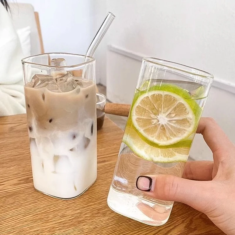 1pc Square Glass Coffee Mug with Lid and Straw Heat Resistant Transparent Milk Coffee Tea Juice Cups For Home Bar Drinkware