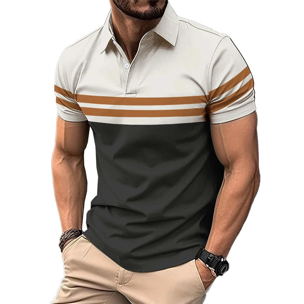 Mens Tops Shirt Short Sleeve Slim Fit Stripe T Shirt Tee 1 Pc Blouse Button Collar Casual For Summer Polyester