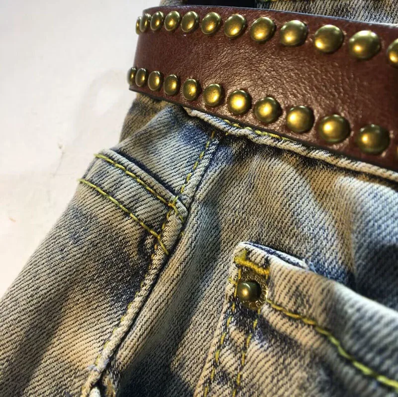 European Station 2023 New Summer Women All-match High Waist A-line Shorts Rivet Tassel Loose Wide Leg Denim Shorts + Belt