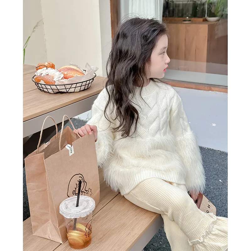 

Girls' 2023 Winter New Children's Thick and Warm Knitted Shirt Top Pullover Mink Round Neck Long Sleeve Sweater