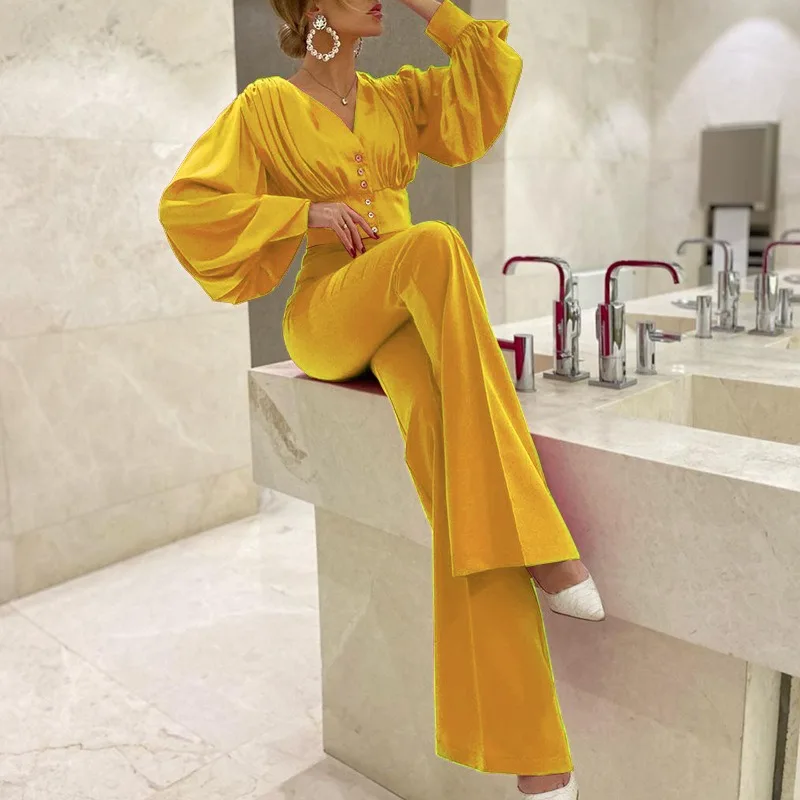 Autumn New Women's Fashion Short Shirt & Slim High Waist Flare Pants Set Temperament Commuting Two Piece Sets Outfits for Women
