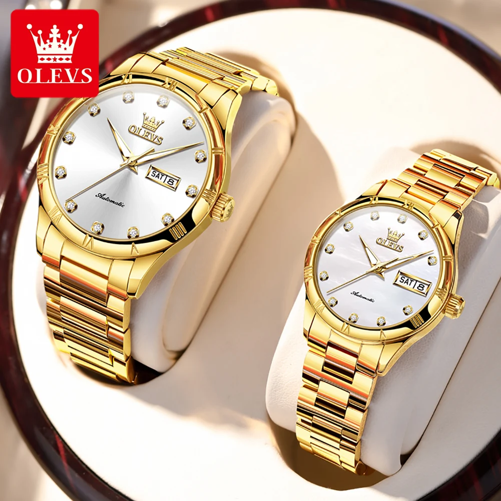 OLEVS 7030 Couple Watches Dual Calendar Fashion Roman Scale Diamond Mechanical Wristwatch Waterproof Luminous Automatic Watch
