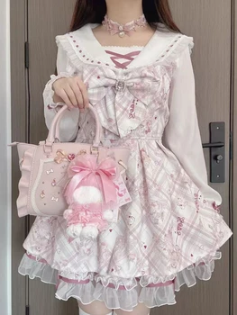 2025 Japanese Sweet Lolita Kawaii Dress Women Spring Printed Bow Fake Two Piece Dress Female Korea Style Design Party Clothing 1