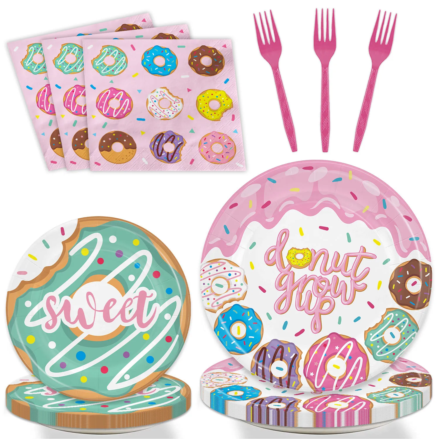 

10Guest Sweet Donuts Disposable Tableware Grow Up Donuts Plates Napkin Pink 1st Happy Birthday Party Decor Kids Girl Babyshower