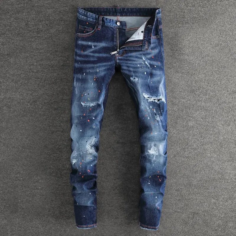 

Street Fashion Men Jeans High Quality Retro Dark Blue Stretch Skinny Fit Ripped Jeans Men Painted Designer Hip Hop Brand Pants