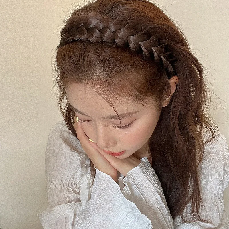Damen Synthetische Perücke mit geflochtenen Haarbändern, modische Zöpfe, Haar-Accessoires, Bohemian Natur-Stirnband, dehnbar für Partys – Detail 9