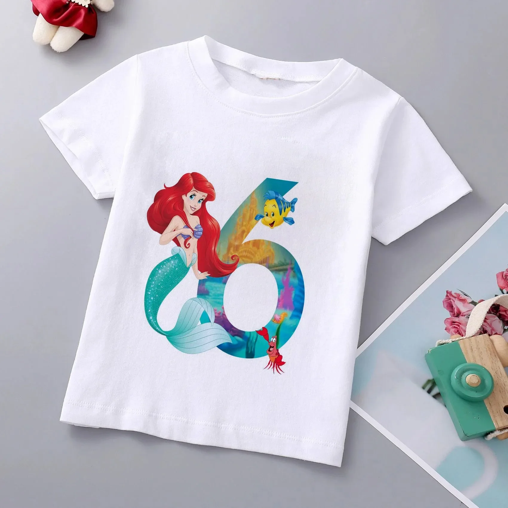thumbnail image 1 of Camiseta de algodón con estampado de princesa sirena de Disney para niñas, ropa para bebés de princesa Ariel, top de dibujos animados para niños de 1 a 9 años, cumpleaños para niños, 1 of 5