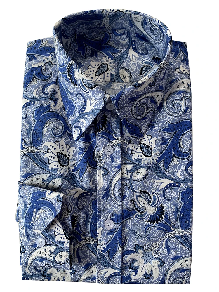Casual Floral Dress Shirts Custom Made  Long Sleeve Blue White Patterned Dress Shirts, Tailored Flowered Mens Shirts 2020