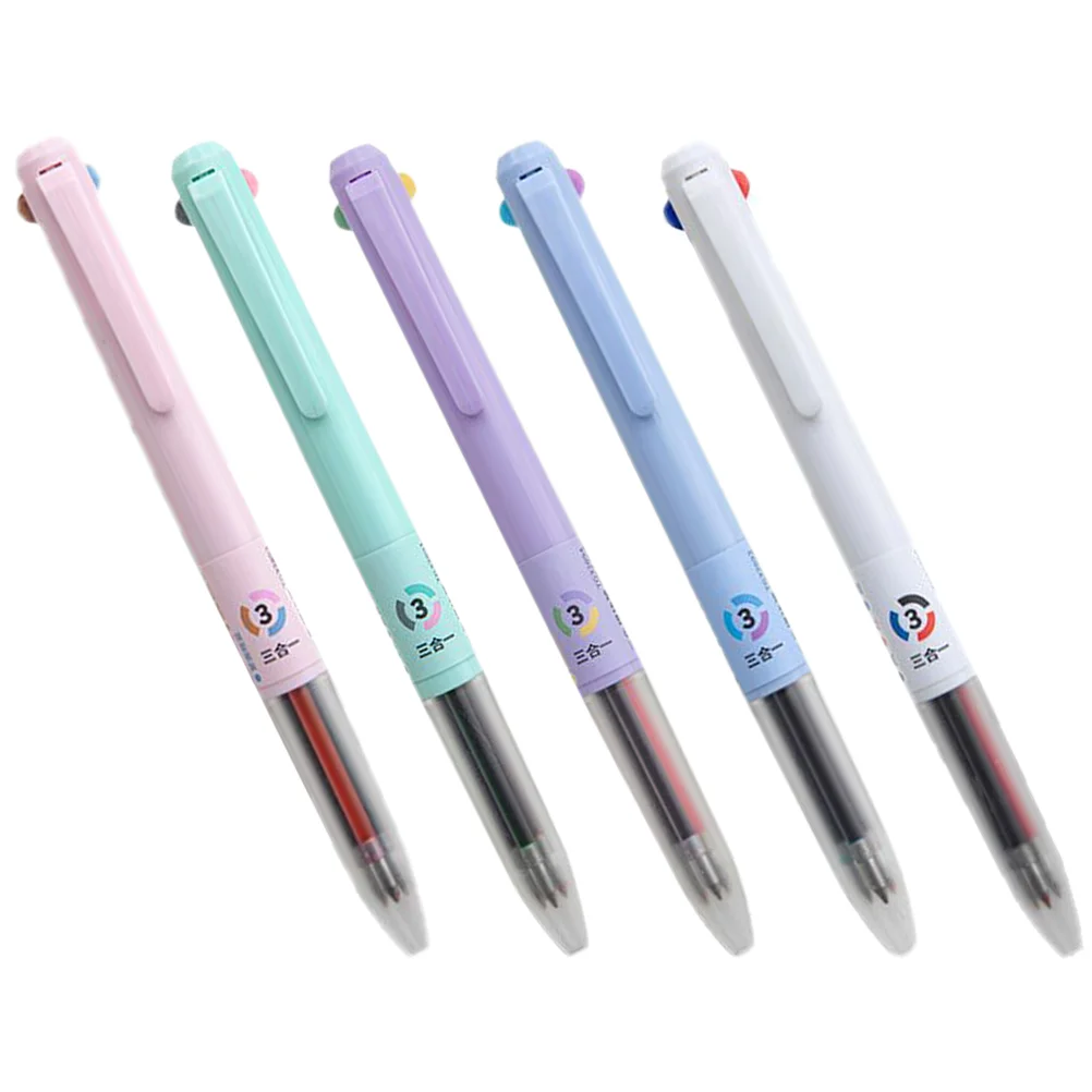 

5 Pcs Three Color Gel Pen Ballpoint Multi-function Writing Cartoon Press Type Plastic Desktop Student Portable