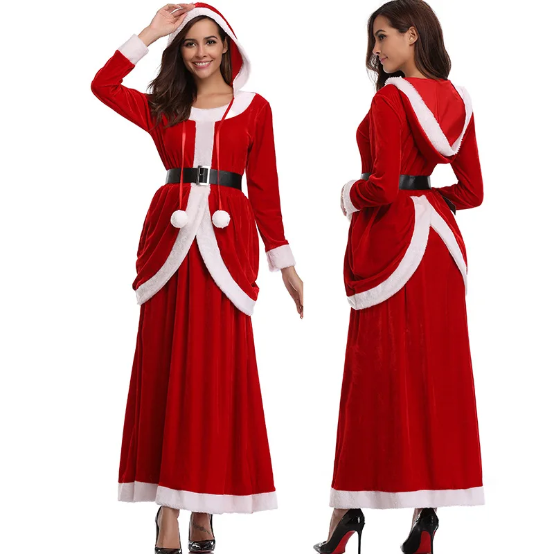 

Женский Рождественский костюм, платье для косплея Санта Клауса, длинное плюшевое платье с капюшоном и длинным рукавом, костюм вечерние, с поясом