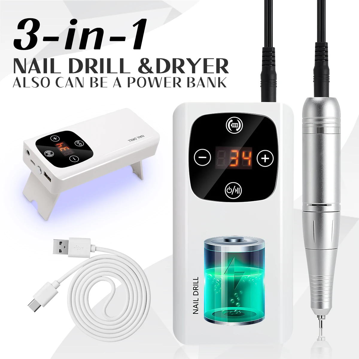 2-in-1 portable Nail Drill and Nail Lamp 45,000 RPM electric nail drill with drill sand with nail art removal nail  polishing 2