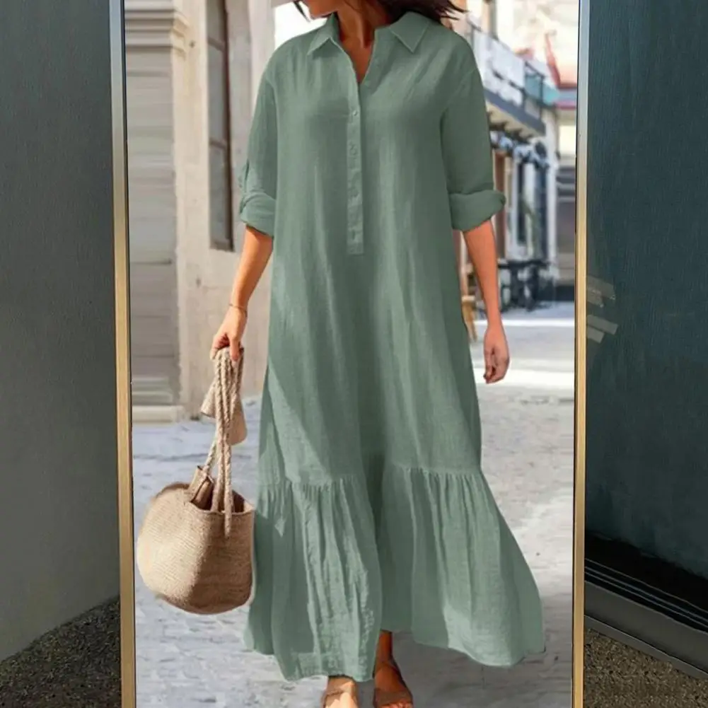 

Shirt Collar Dress Elegant Ruffle Patchwork Maxi Dress for Women Long Sleeve A-line Pleated Design with Big Hem Single-breasted