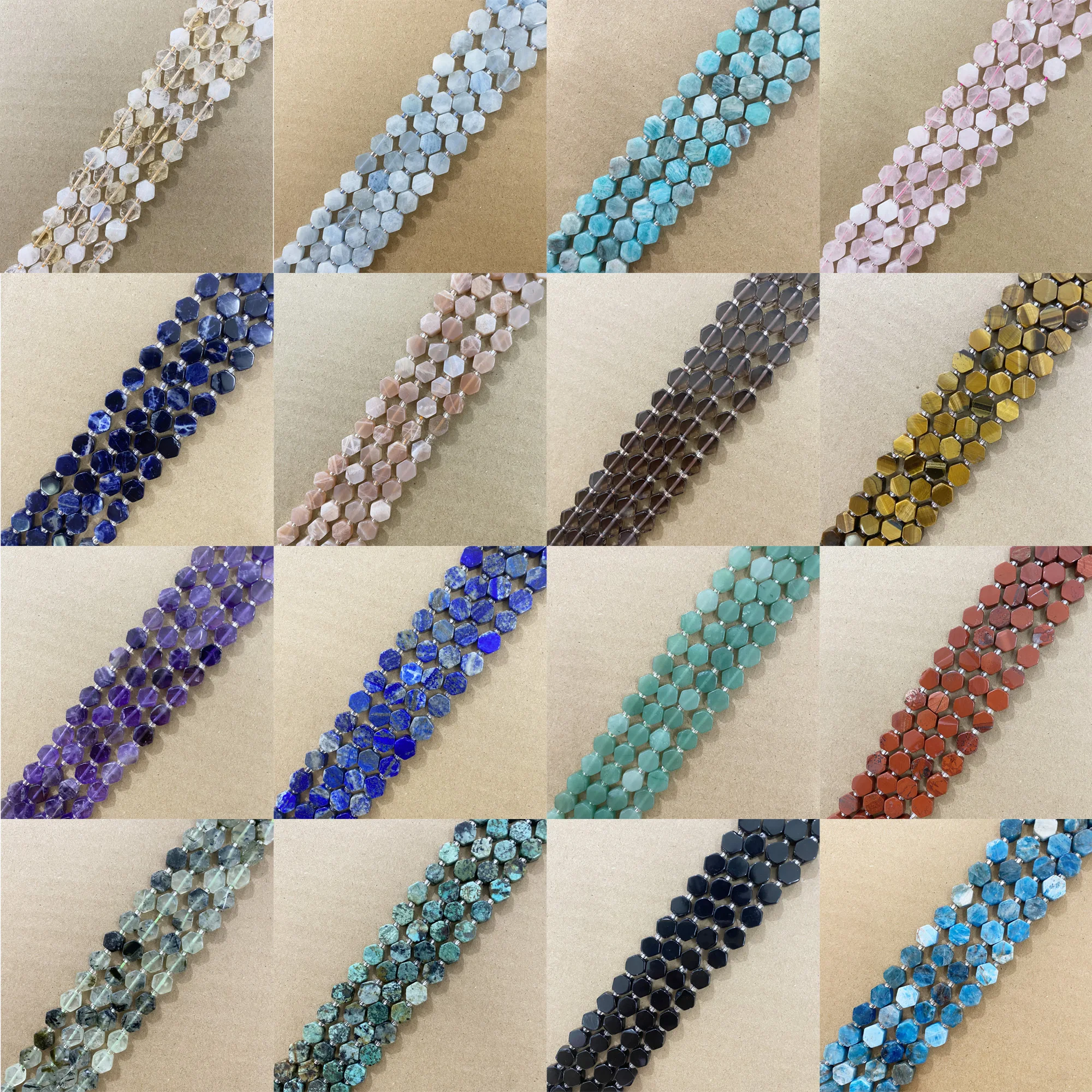 24 Farben! Naturstein, sechseckige Form, Aquamarin, Amazonit, Rosenquarz, ETC, 17,8 cm, lose Perlen, Durchmesser 9 mm