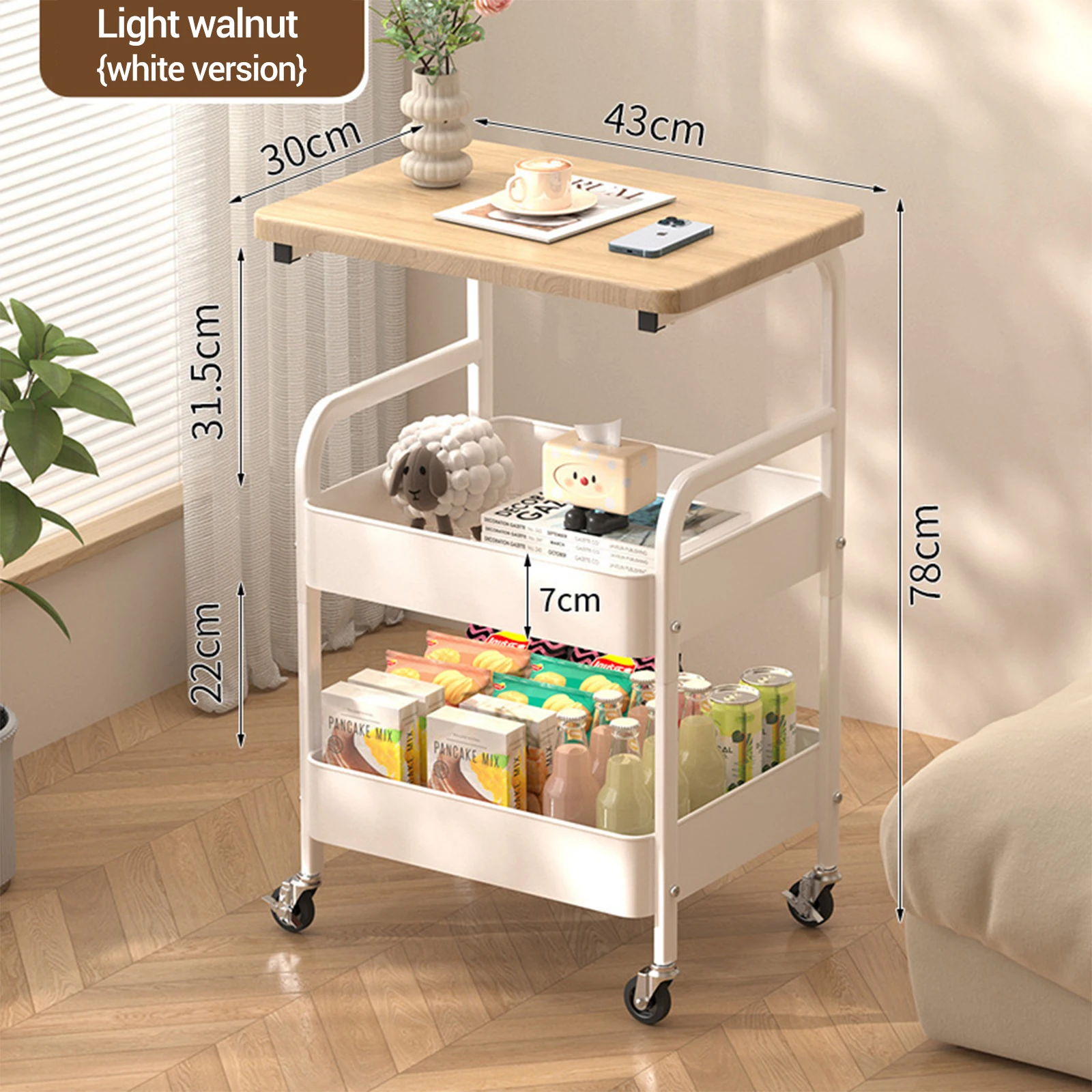 3-stufiger Aufbewahrungswagen, rollender Mehrzweckwagen mit Tischplatte, platzsparender mobiler Regal-Organizer für Wohnzimmer, Büro, Küche – Detail 2