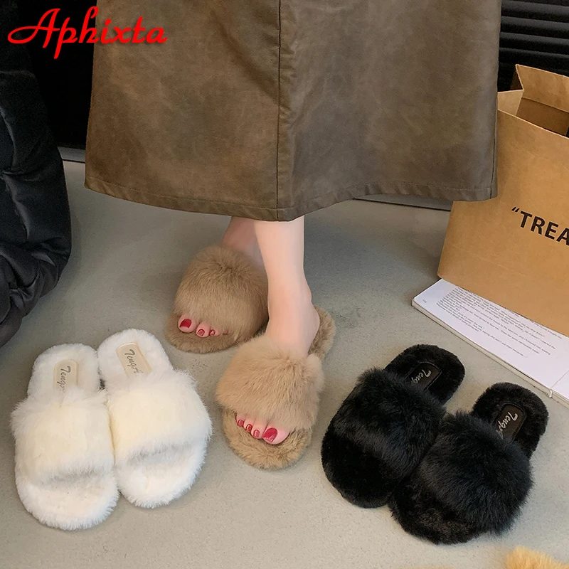 Aphixta Khaki Flat With Furry Women Slippers Rabbit Hair Modern Slides Shoes Soft Fur Slippers Fashion Woman Shoes
