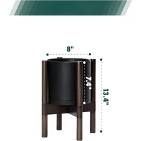 Planter Pot with Stand - 8 Inch Plastic Cylinder Flower Pot with Wood Planter Holder for Indoor, Matte Black Pot + 2