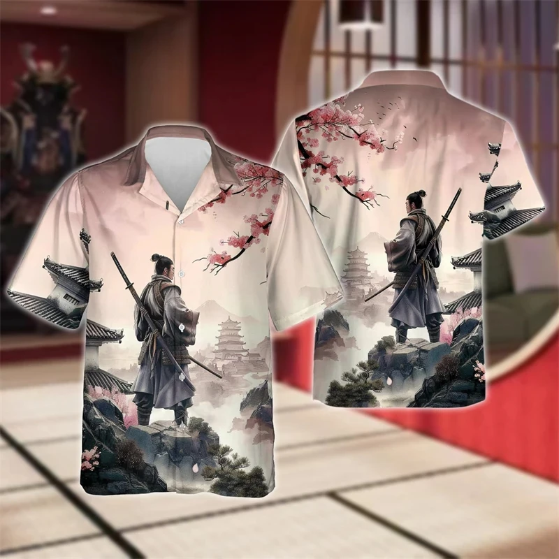 thumbnail image 1 of Camisas de guerrero japonés con estampado 3D para hombre, camisas playeras con gráficos de samurái, blusas de manga corta abotonadas a la moda para hombre, 1 of 5