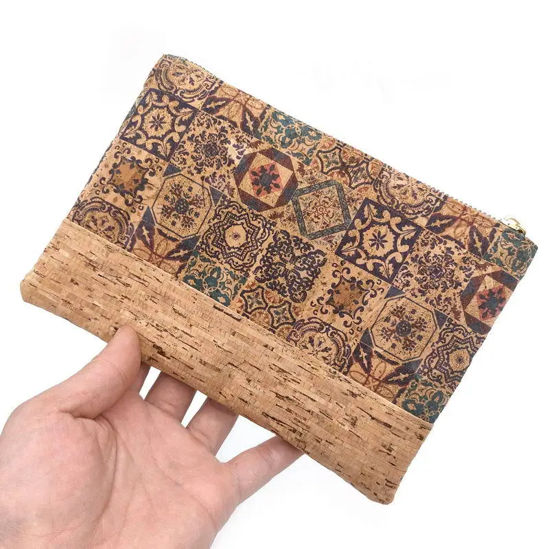 

5pcs Women Cork Patchwork Portuguese Tile Pattern Long Cosmetic Bag