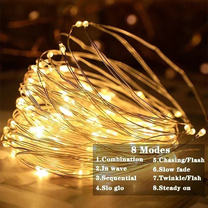 Remote 8 Modes Festoon LED Fairy Silver Copper Wire String Light Battery Box Garland Light Wedding Party Christmas Decoration