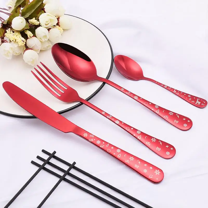 4pcs/set Christmas Flatware Set Stainless Steel Red Green Dinnerware Knife Fork Spoon Cutlery Dishwasher Safe
