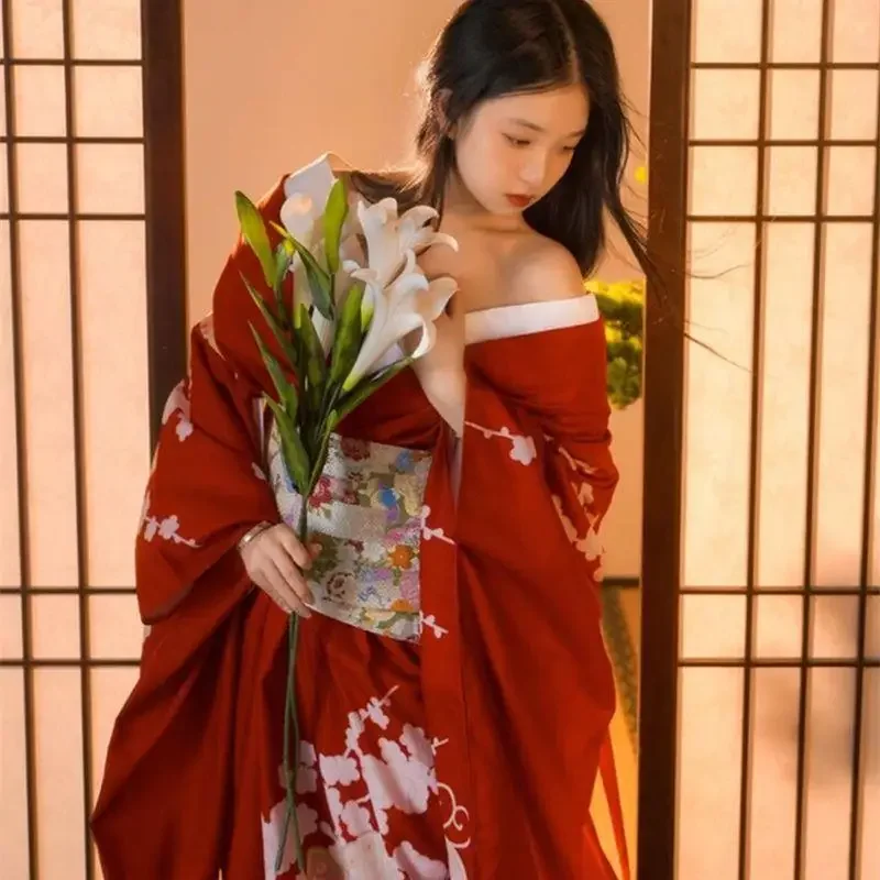 

Kimono Improved Female Japanese Chinese Style Dress Traditional Yukata Women Photo Bathrobe Japan Girl Red Cherry Blossoms Dress