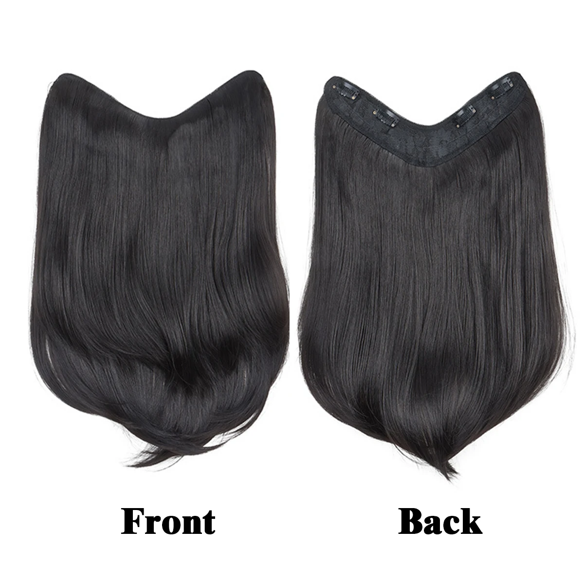 Synthetic U-shaped hair extension piece is naturally bent and clamped in a woman's hair invisible hair piece