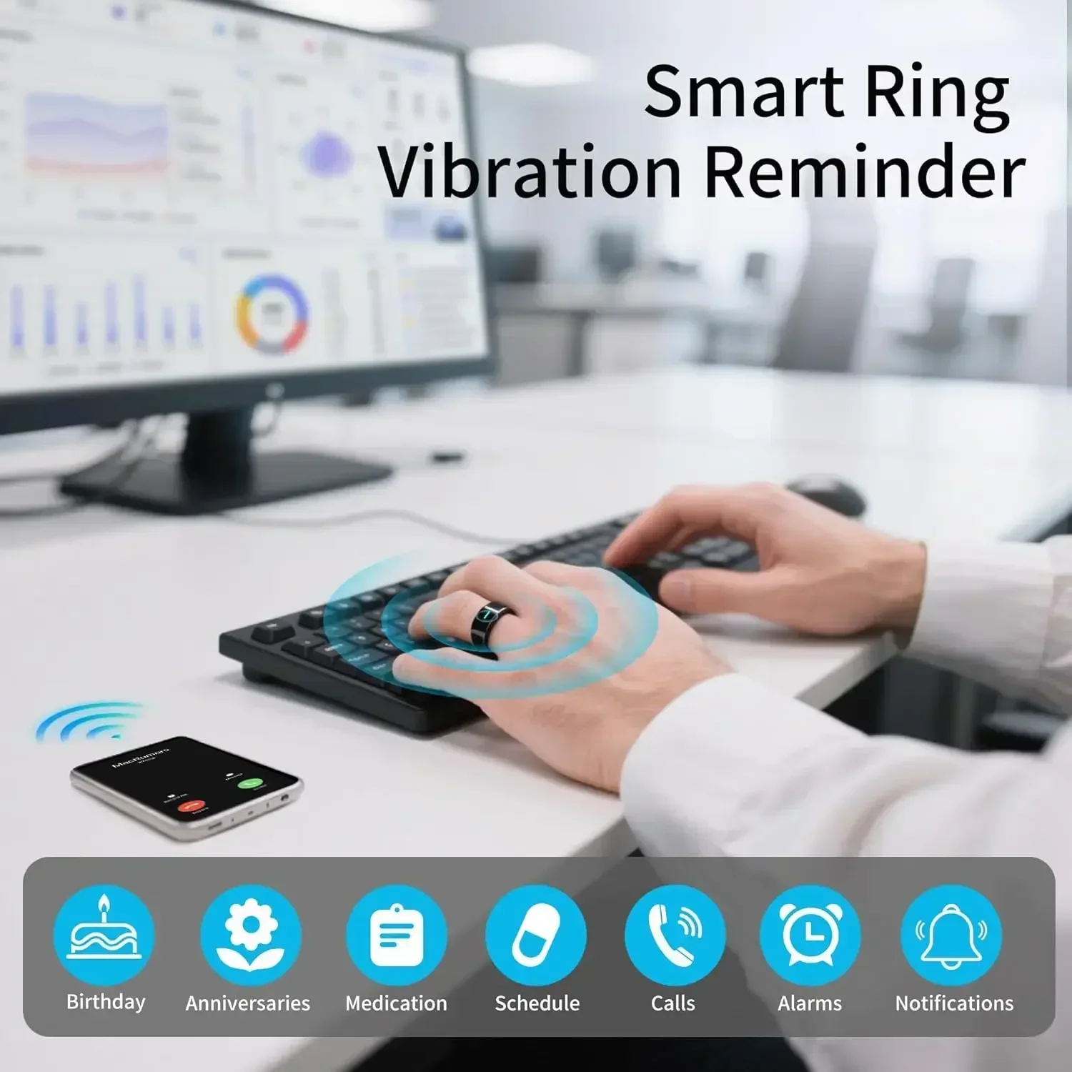 Ceramic Smart Ring with Vibration Alerts for Calls & Notification & Alarm, Smart Touch Control Health Monitor Smart Ring for Men - 4