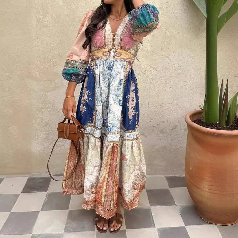 

2024 Summer Women Indie Folk Printing Skirt Printed Ethnic Long Dress Puff Sleeves V-Neck Dress for Vacation Commuting Holiday