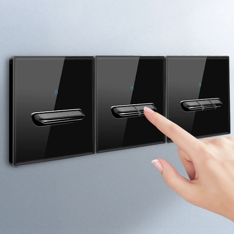 Retro Toggle Vidro Temperado Wall Light Switch Painel Gang Way Led Indicador Interruptor Tomada Elétrica Europeia 220v