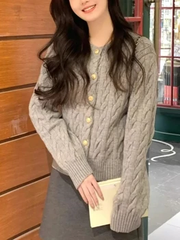 AOSSVIAO 2025 سترة نسائية عتيقة بأكمام طويلة ورقبة دائرية أنيقة محبوكة قمة الموضة للخريف رمادي تريكو 3