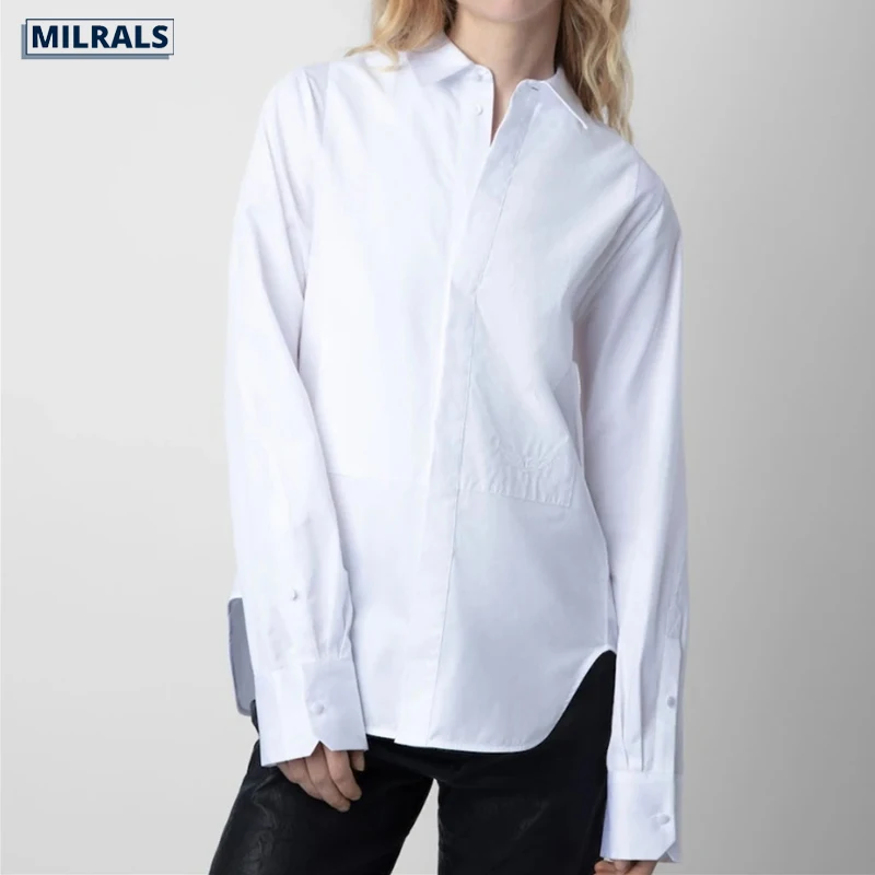 

MILRALS Simple lapel blouse Blouse 2023 new casual embroidered women's blouse loose long sleeve Shirt