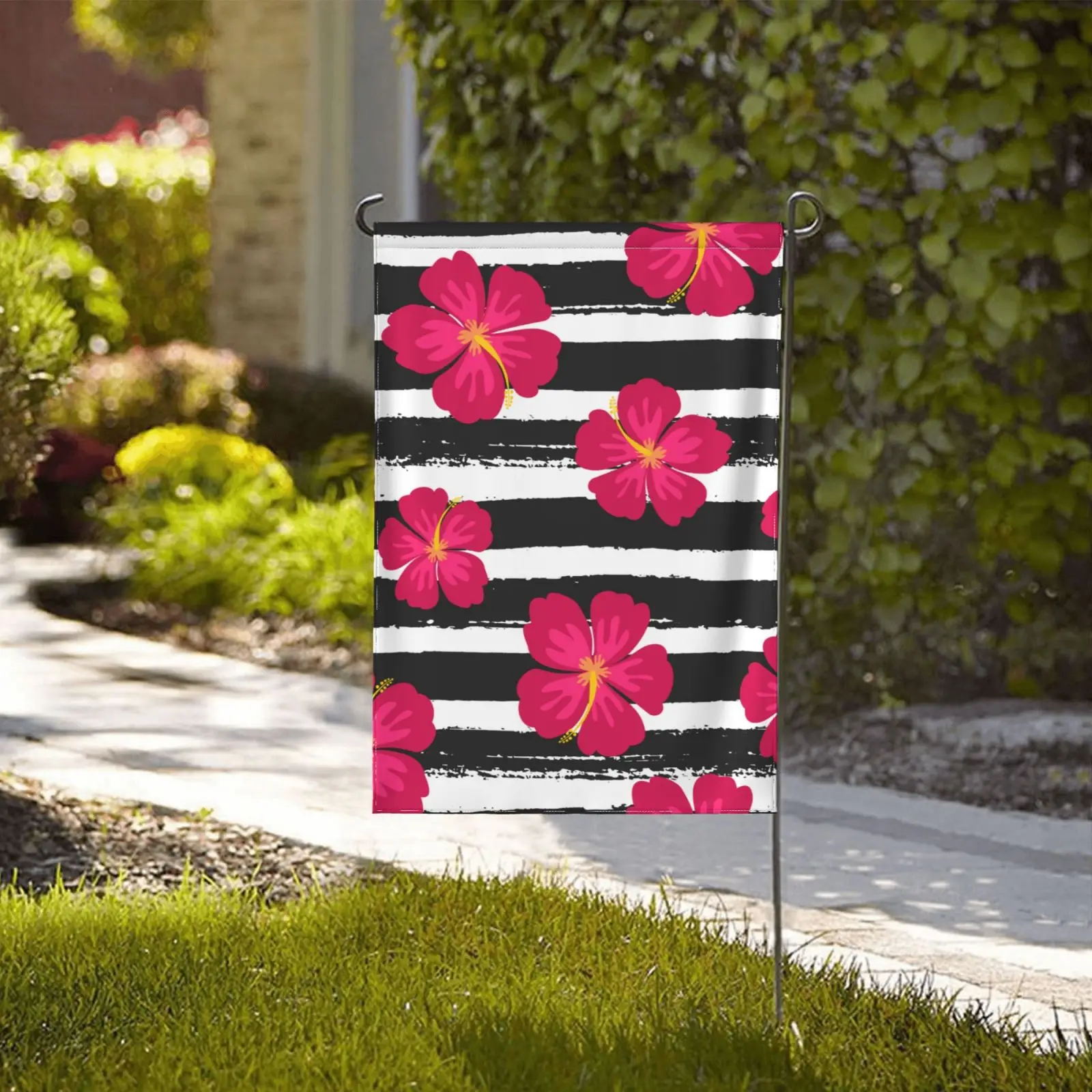 

Black And White Striped Pink Flowers Garden Flag Love Yard Flag Garden Home Room Decor Housewarming Valentines Gift 12"x 18"