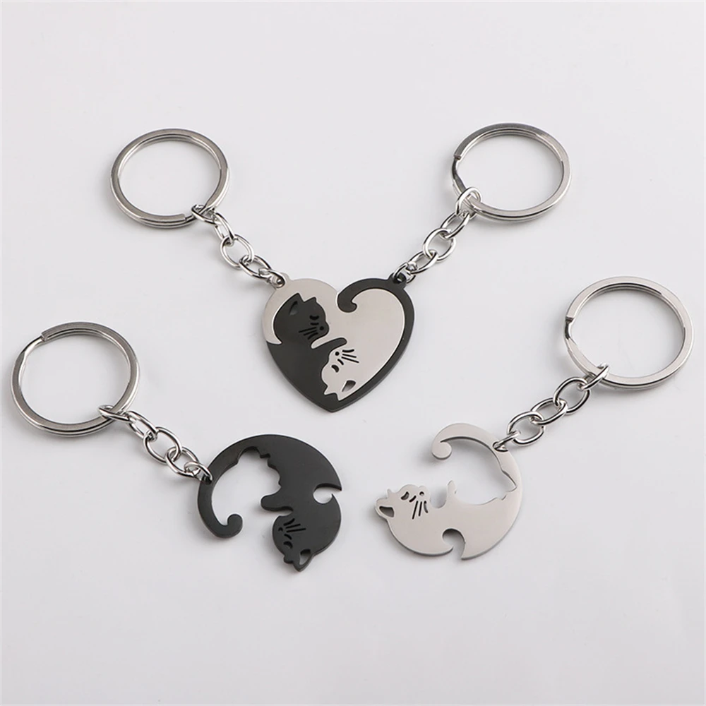 2Pcs Puzzle Cat Keychain Heart Patchwork Keyring Valentine&rsquo;s Day 