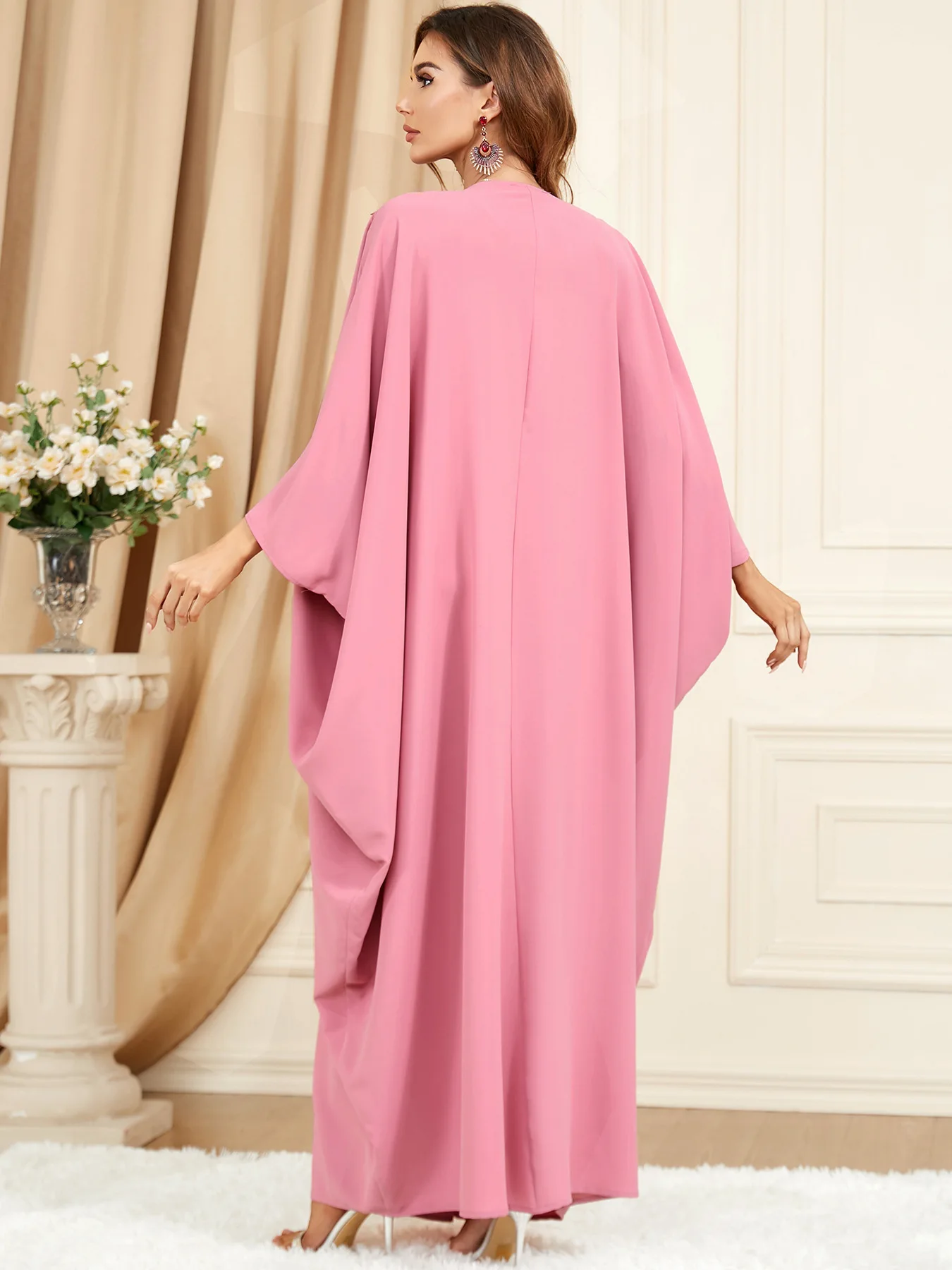 Cloak Abaya Dress for Women Chic Lace Applique Trim O Neck Batwing Sleeve Robe Sweet Pink Dressing Gown Corban Eid 2024