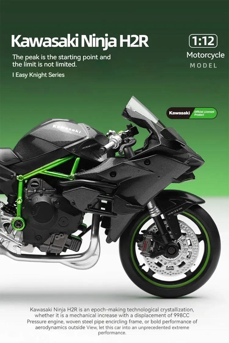 Kawasaki Ninja H2R 1:12 scale die-cast motorcycle model with premium black and green finish