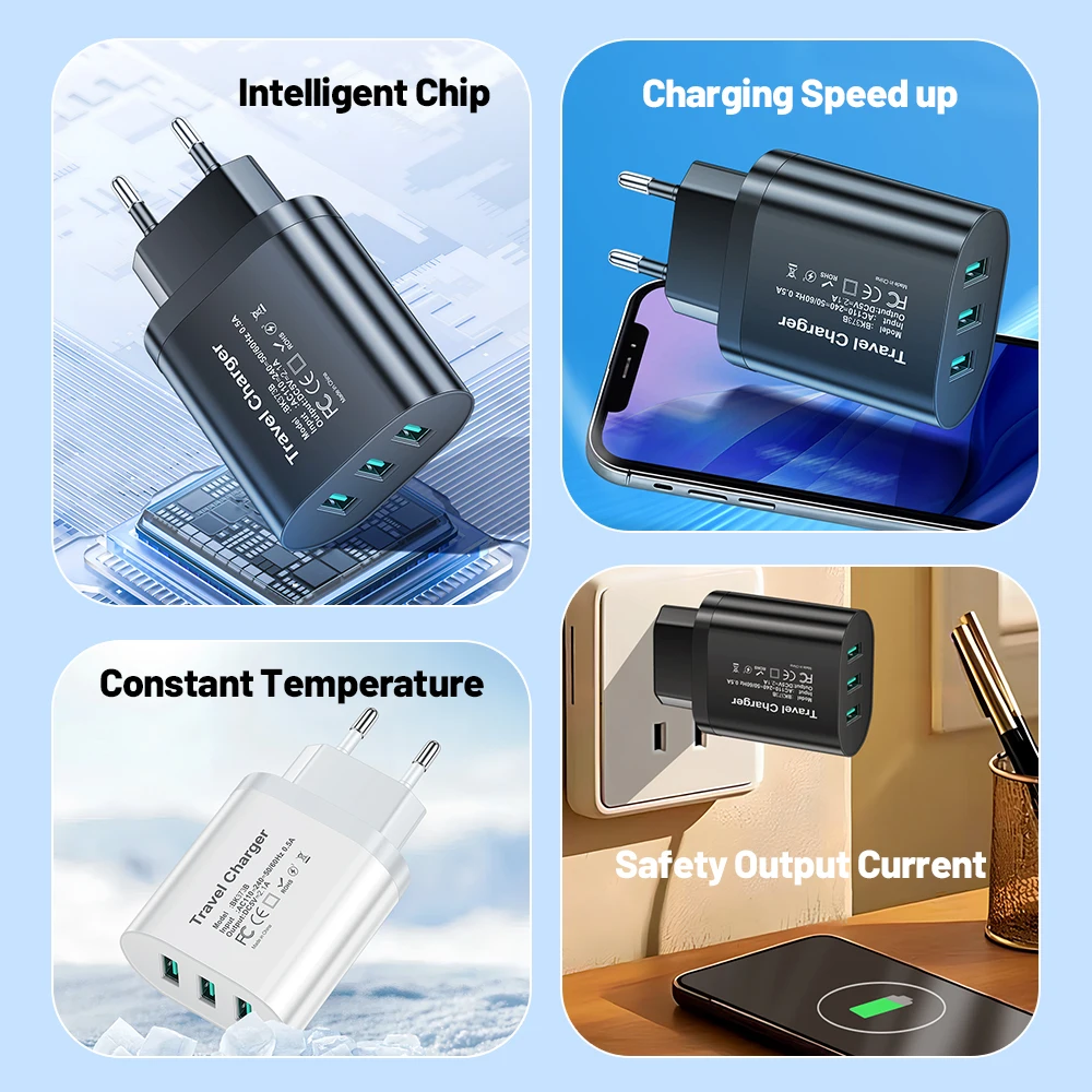 3USB Phone Charger 2.1A Fast Charging For Samsung Xiaomi Huawei iPhone Mobile Phone Adapter EU/US/UK Plug