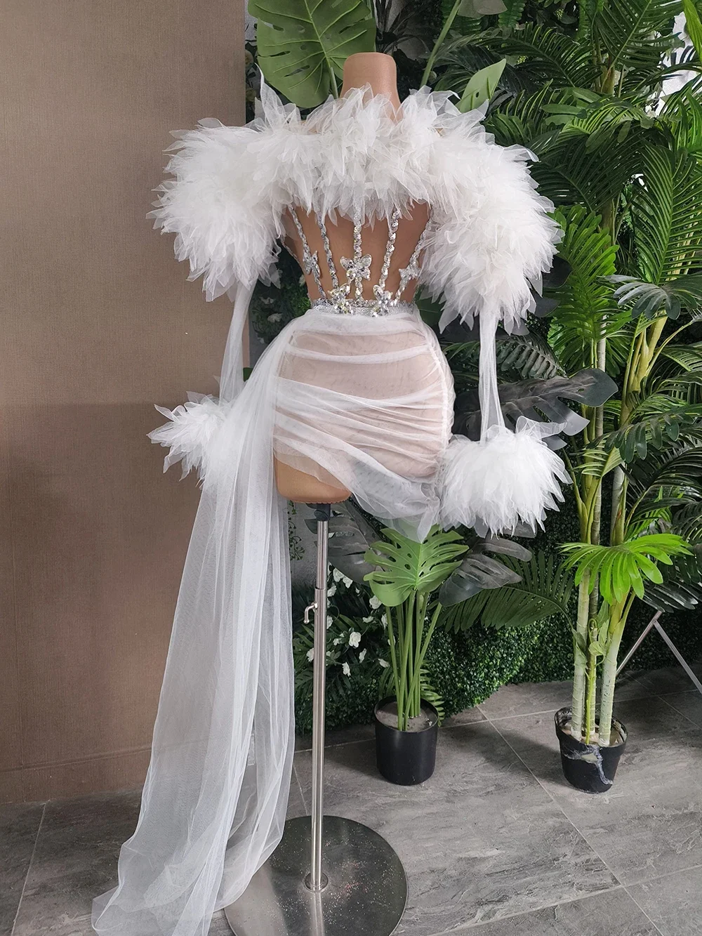 See Through Celebrate Nightclub Party Birthday Wear White Purple Women Sexy Strapless Mesh Ruffles 2 Pieces Bodycon Mini Dress