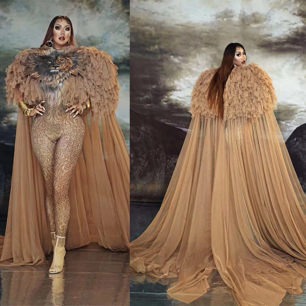 Brown Lion Printing Sexy Jumpsuits With Long Gauze Trailing