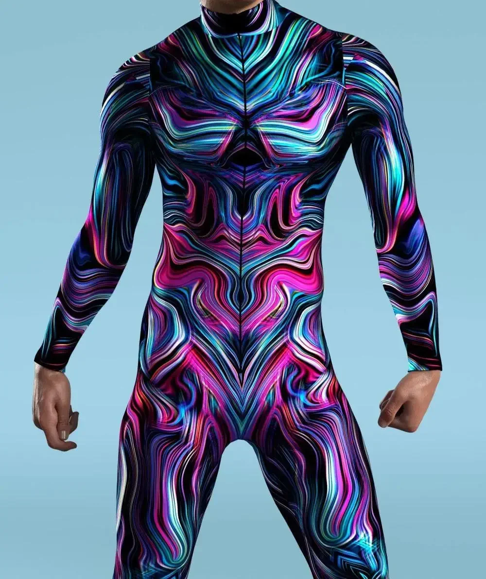 Kid Men Jumpsuits Machine Zentai Skinny Costume Multicolour Printing Bodysuit Party Festival Outfit Catsuit Front Zipper Elastic cosplay costume men festival costume set men rubber bodysuit