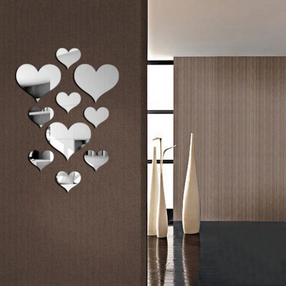 10PcsSetDurableLoveHeartStickersWallStickerMirrorMural3DDecalSimpleDIYDecorative