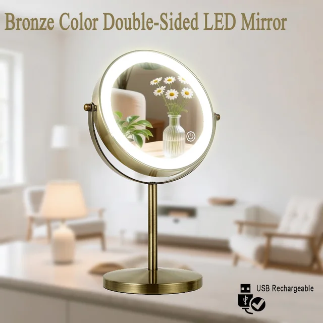 กระจกแต่งหน้า LED สองด้านสีบรอนซ์, กระจกแต่งหน้า 3X/5X, ใช้พลังงานจาก USB, ระบบควบคุมแบบสัมผัส 3 สีและปรับความสว่างได้ 1