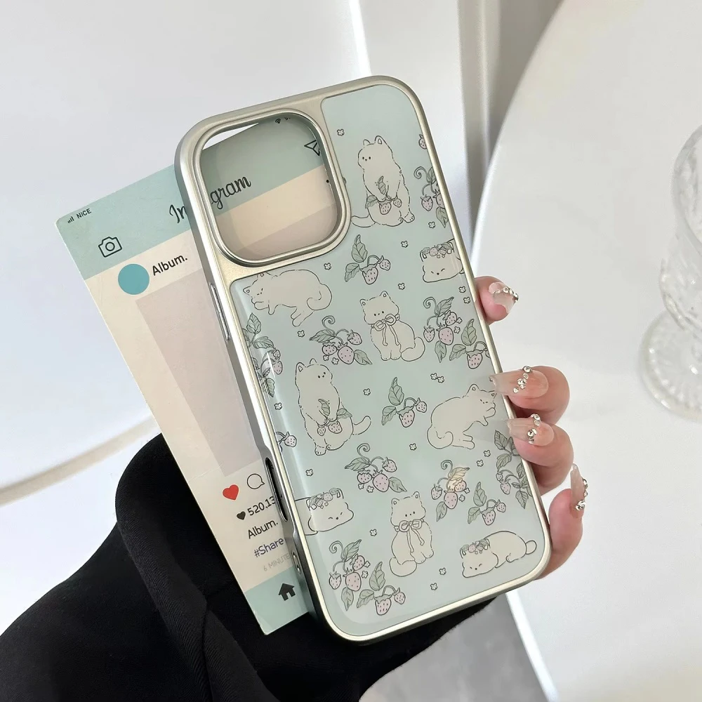 Cute Korean Strawberry Kitten Electroplated Phone Case with Drip Glue Finish