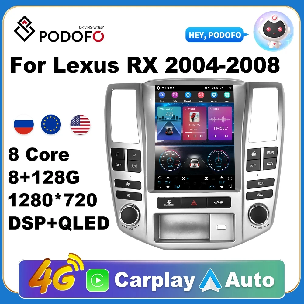 

Podofo AI Voice Android Carplay Car Radio For Lexus RX 2004-2008 2din Android Auto 4G Multimedia Navigation GPS autoradio DSP