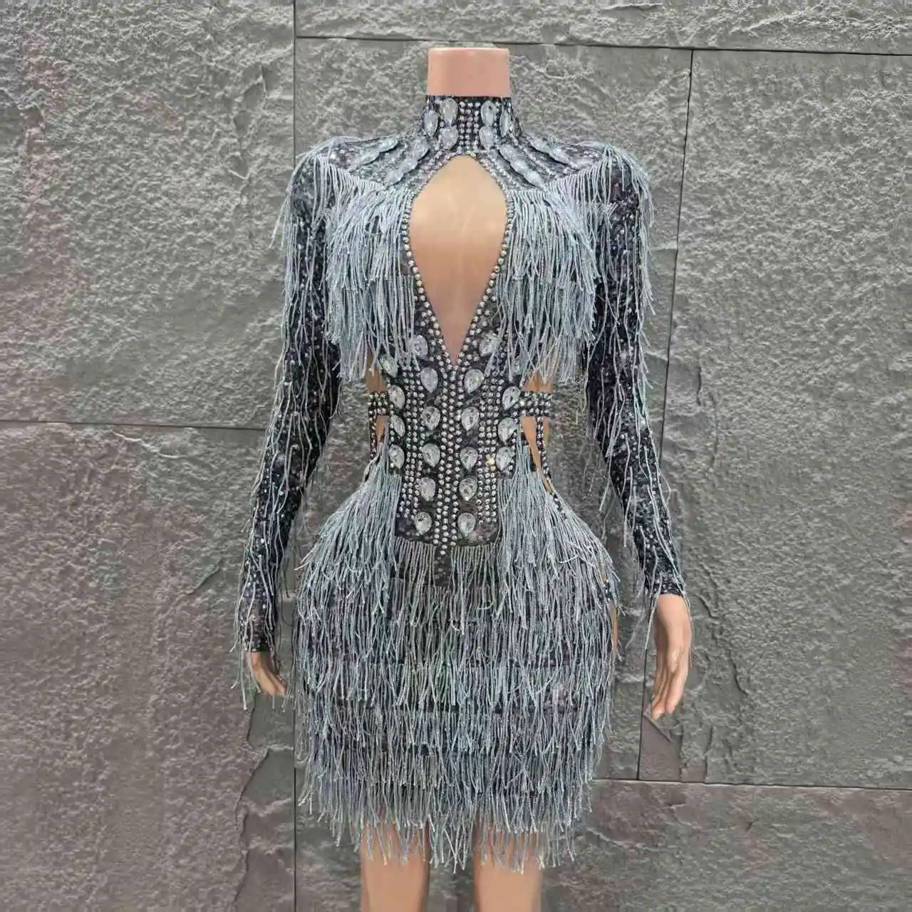 Black Color Women Long Sleeve Sexy Shinning Diamond Draped Bodycon Mini Dress Bandage Fashion Nightclub Party Outfit