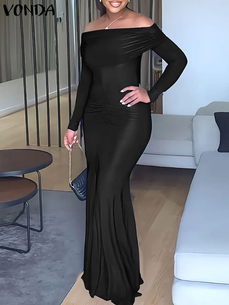 

VONDA элегантное женское сексуальное платье макси с длинным рукавом плиссированный сарафан с открытыми плечами 2024 летнее однотонное платье с оборками разрезом