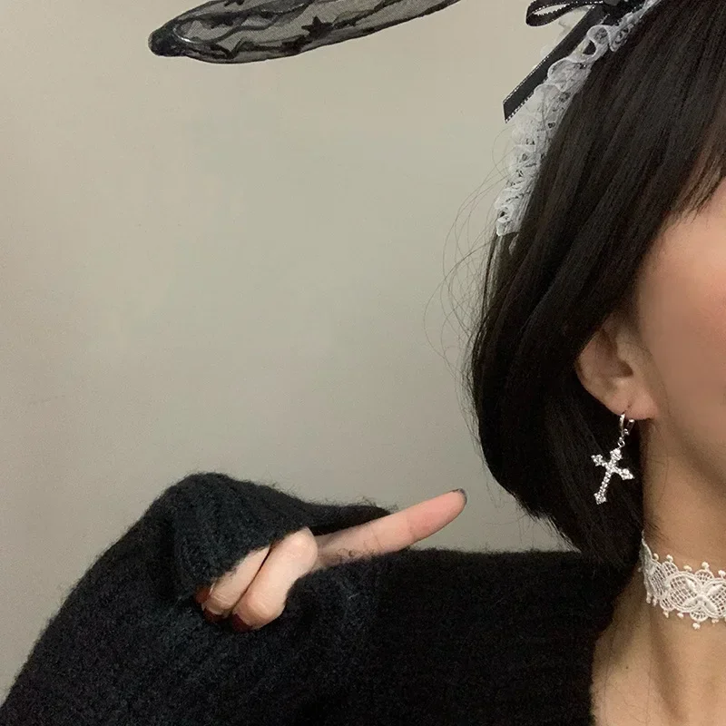 Goth Style Zircon Crystal Cross Drop Dangle Hoop Earrings for Women Men Luxury Fashion Punk Jewelry