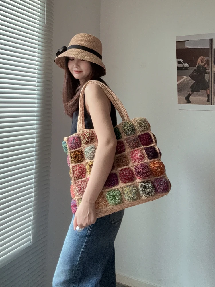 Bohemian Lafite Square Staw Handbags Casual Paper Woven Handle Women Hand Bags Handmade Summe Beach Bag Large Tote Purse