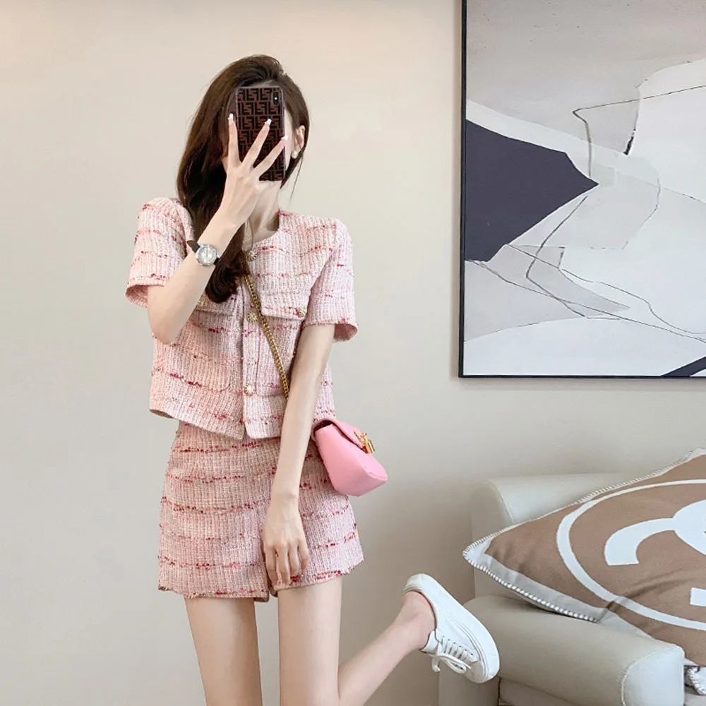 

French Style Small Fragrance Wind Short Sets Fashion Women Clothing Pink Shirt+Sexy Hot Shorts 2023 Summer Tweed Two Piece Suits