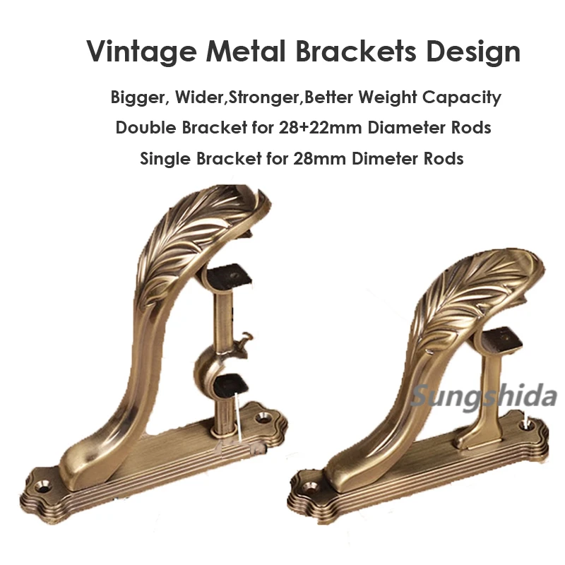 

Sungshida 4Pcs Vintage Brass Znic Double Curtain Rod Bracket Holder Drapery Rod Bracket Hook Hanger For 28/25+22/19mm Dia. Rods