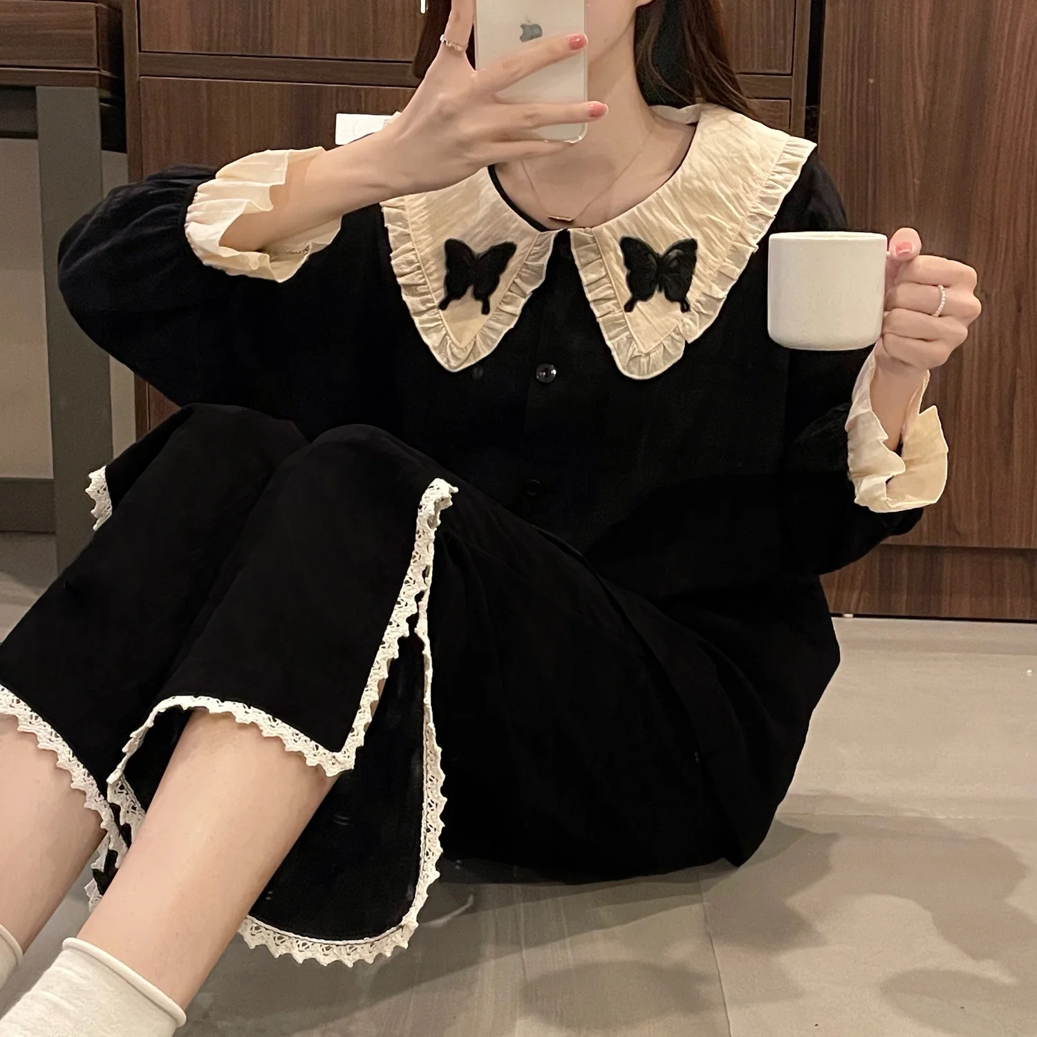 Simple Butterfly Long Sleeve Pajamas Women's Casual Spring Autumn 2023 New Fashion Black Loose Homewear Pants Set aesthetic chic